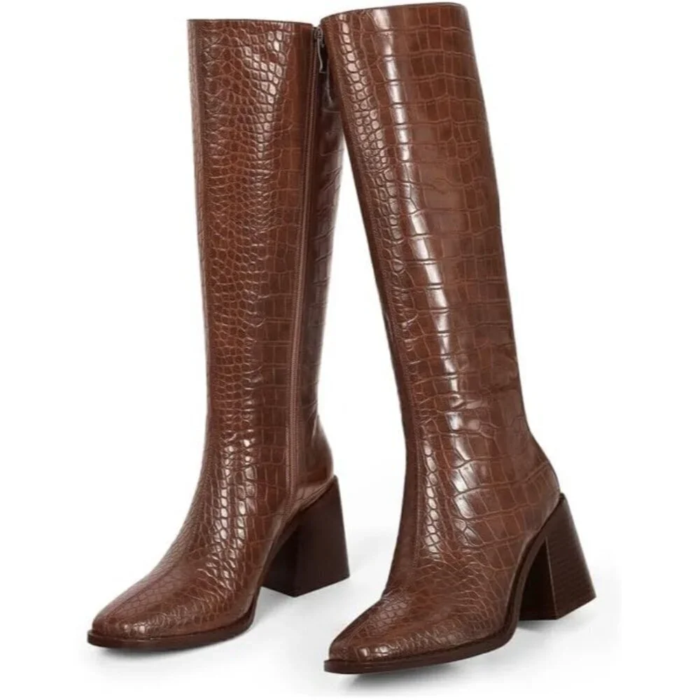 Women Crocodile Brown Polyurethane Knee High Square Toe Block Heel Tall Boots